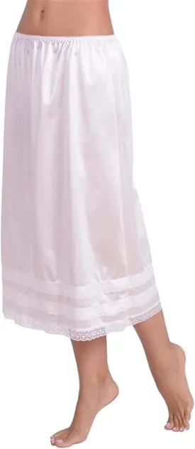 Womens Half Slip Lace Long Underskirt Side Slit Extenders Skirt Elastic Waist Lace Trim Midi Half Slips Under Dress