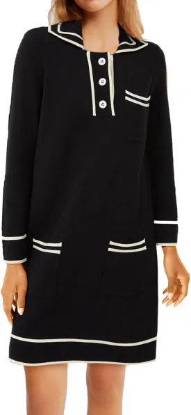 Women's Knitted Sweater Dresses Contrast Collared Fall Sweater Shift Dress Casual Party Mini Shirt Dress with Pockets