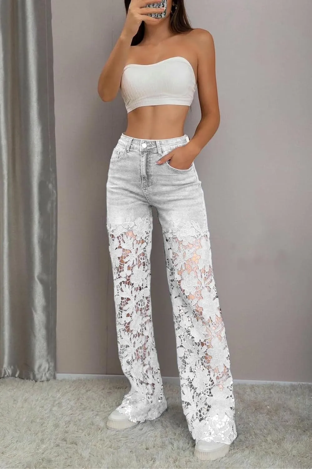 Women's Lace Patchwork Jeans High Waisted Straight Wide Leg Hollow Out Sheer Flower Baggy Stetch Denim Pants