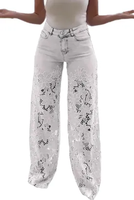 Women's Lace Patchwork Jeans High Waisted Straight Wide Leg Hollow Out Sheer Flower Baggy Stetch Denim Pants