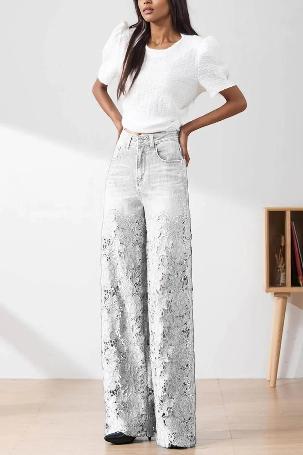 Women's Lace Patchwork Jeans High Waisted Straight Wide Leg Hollow Out Sheer Flower Baggy Stetch Denim Pants