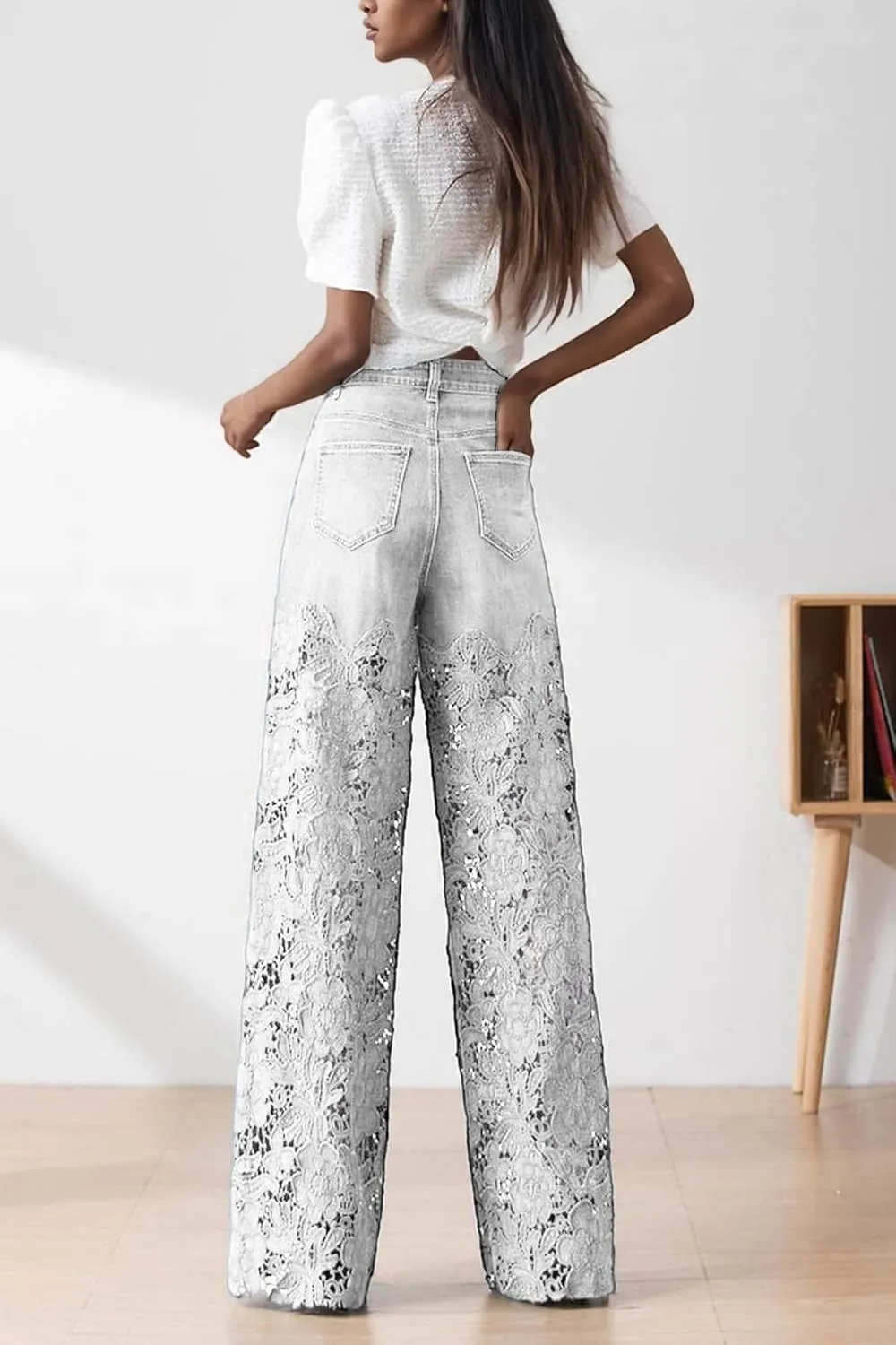 Women's Lace Patchwork Jeans High Waisted Straight Wide Leg Hollow Out Sheer Flower Baggy Stetch Denim Pants