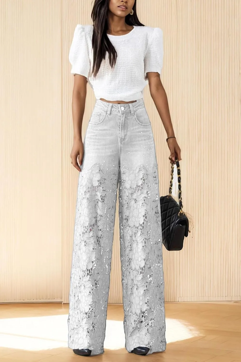 Women's Lace Patchwork Jeans High Waisted Straight Wide Leg Hollow Out Sheer Flower Baggy Stetch Denim Pants