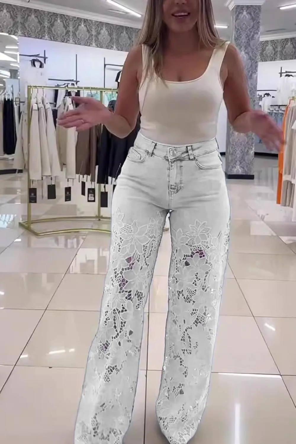 Women's Lace Patchwork Jeans High Waisted Straight Wide Leg Hollow Out Sheer Flower Baggy Stetch Denim Pants
