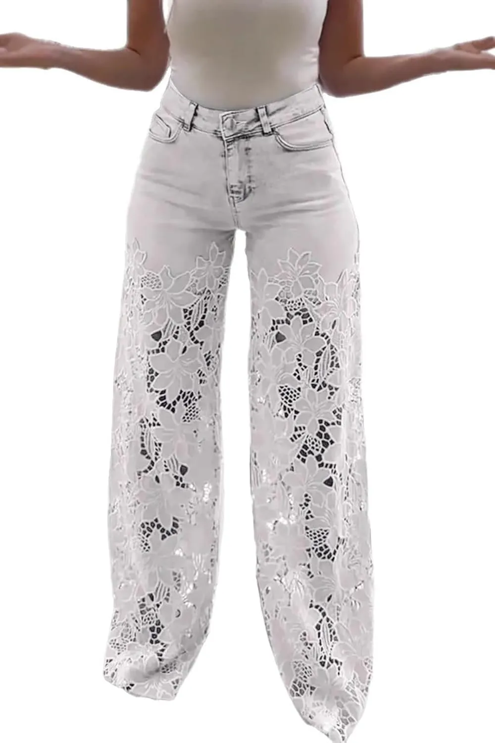 Women's Lace Patchwork Jeans High Waisted Straight Wide Leg Hollow Out Sheer Flower Baggy Stetch Denim Pants