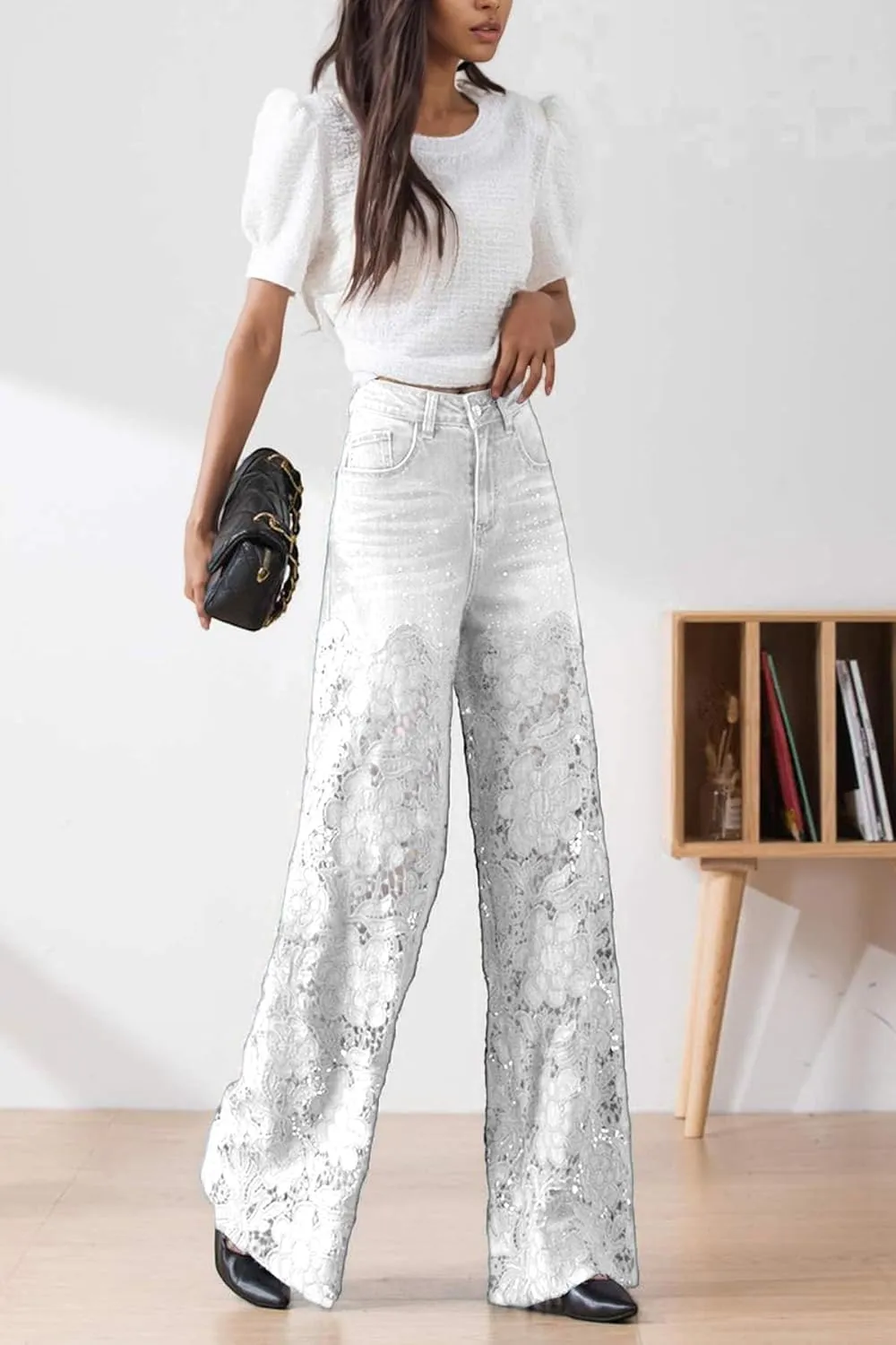Women's Lace Patchwork Jeans High Waisted Straight Wide Leg Hollow Out Sheer Flower Baggy Stetch Denim Pants
