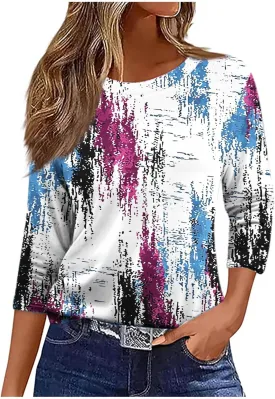 Womens Tops Dressy Casual Crew Neck Pullover 3/4 Sleeve Vintage Print Shirt Plus Size Summer T-Shirts Cotton Blouse