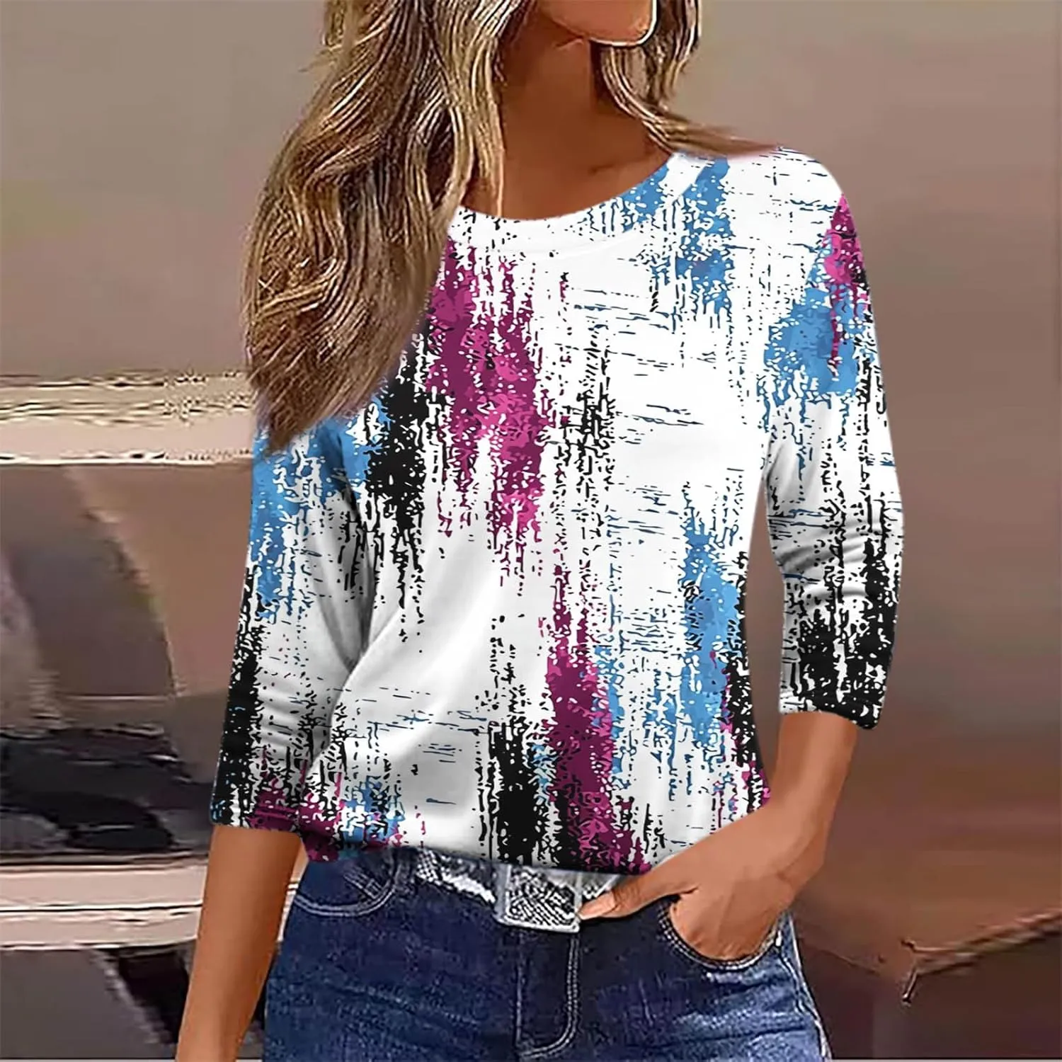 Womens Tops Dressy Casual Crew Neck Pullover 3/4 Sleeve Vintage Print Shirt Plus Size Summer T-Shirts Cotton Blouse