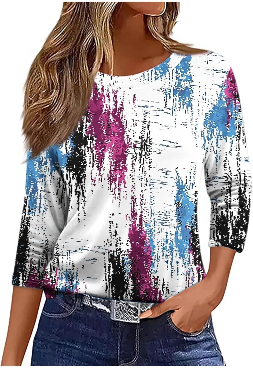 Womens Tops Dressy Casual Crew Neck Pullover 3/4 Sleeve Vintage Print Shirt Plus Size Summer T-Shirts Cotton Blouse