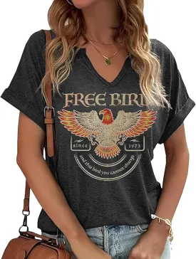 Women's Vintage Rock Band T-Shirt/Free Bird Eagle Graphic Tees/Country Concert Music Short Sleeve Shirts Tops