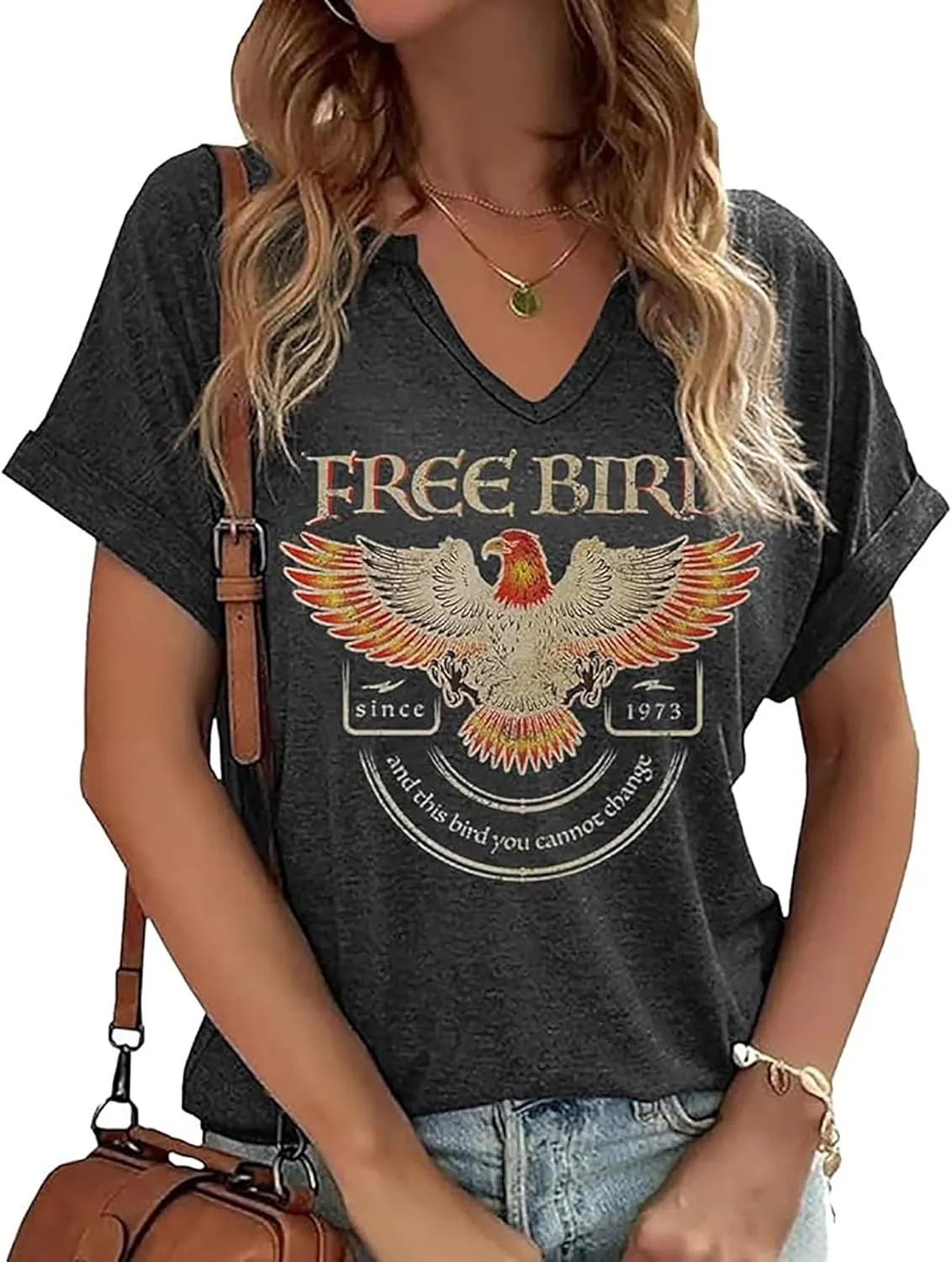 Women's Vintage Rock Band T-Shirt/Free Bird Eagle Graphic Tees/Country Concert Music Short Sleeve Shirts Tops