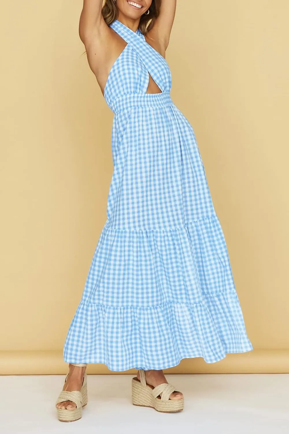 ZESICA Women's 2025 Summer Crossover Halter Neck Sleeveless Plaid Cut Out Backless Flowy A Line Maxi Dress