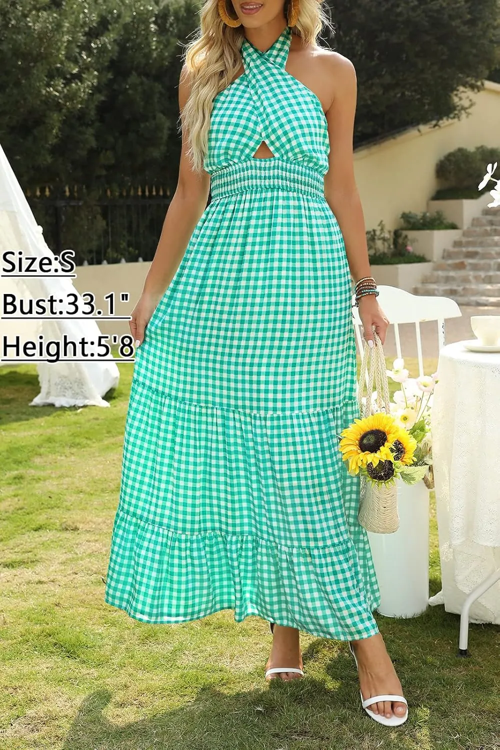 ZESICA Women's 2025 Summer Crossover Halter Neck Sleeveless Plaid Cut Out Backless Flowy A Line Maxi Dress