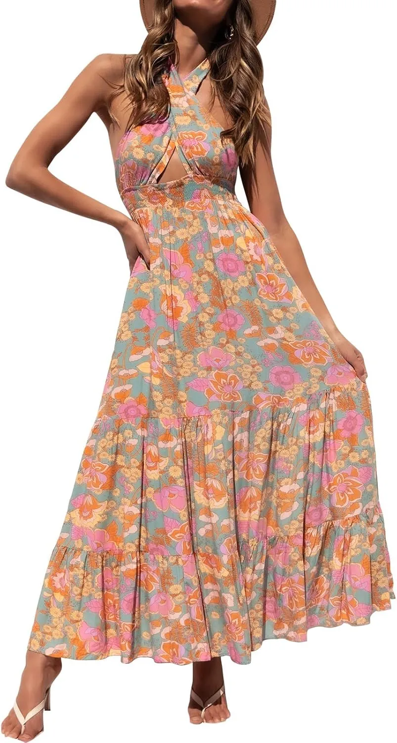 ZESICA Women's 2025 Summer Crossover Halter Neck Sleeveless Plaid Cut Out Backless Flowy A Line Maxi Dress