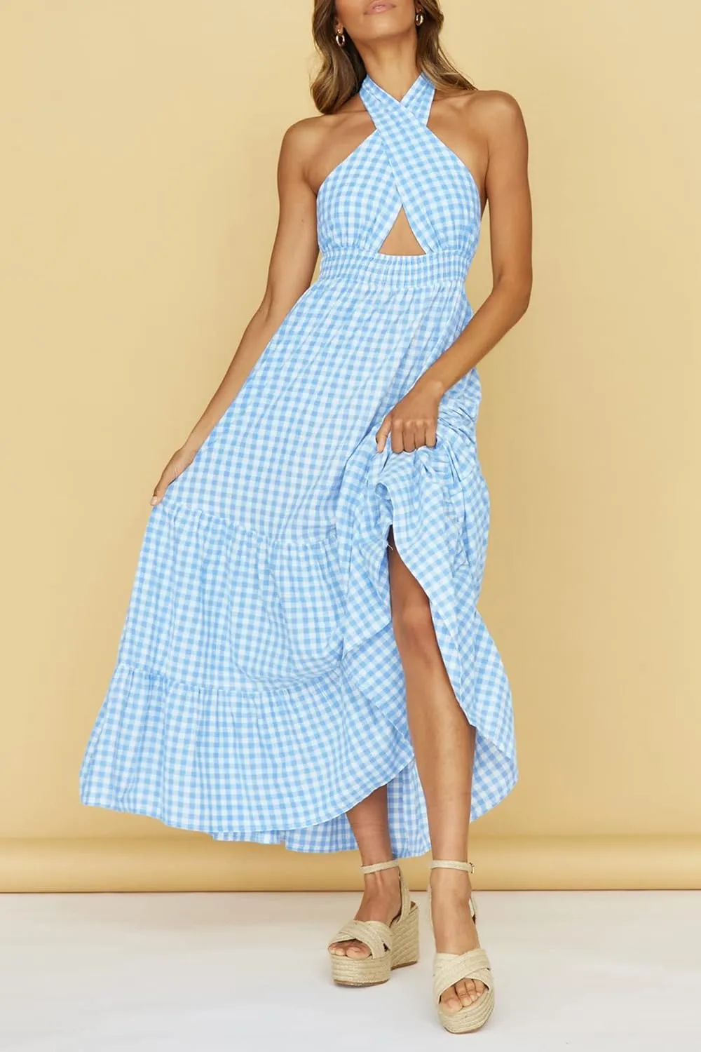 ZESICA Women's 2025 Summer Crossover Halter Neck Sleeveless Plaid Cut Out Backless Flowy A Line Maxi Dress