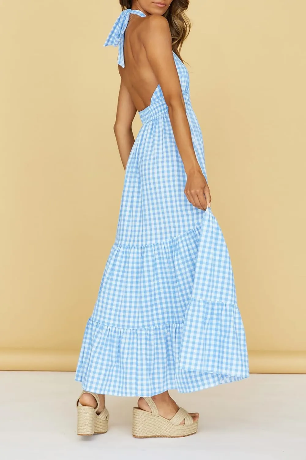 ZESICA Women's 2025 Summer Crossover Halter Neck Sleeveless Plaid Cut Out Backless Flowy A Line Maxi Dress