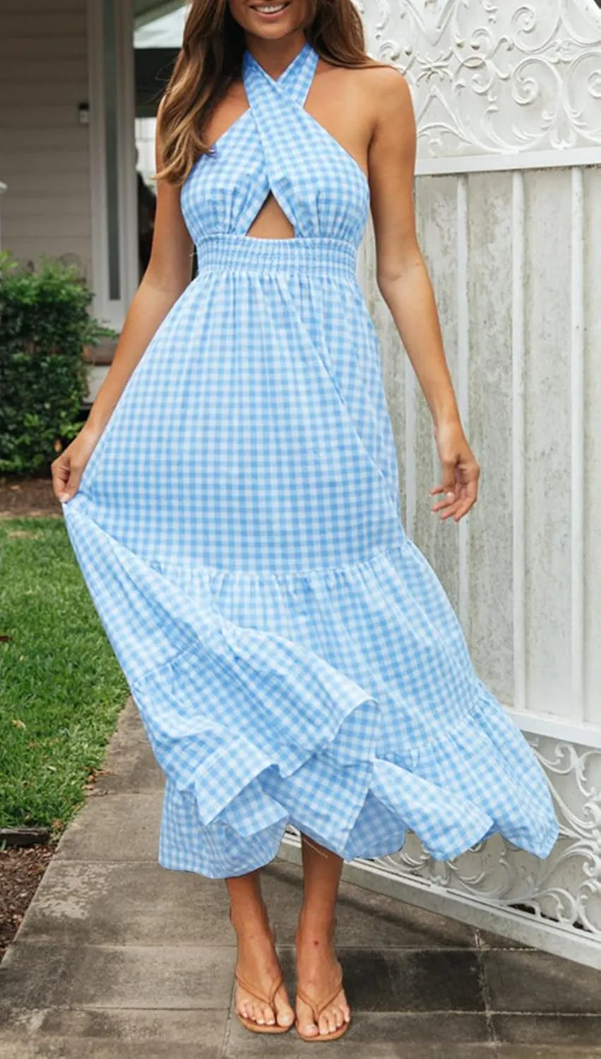 ZESICA Women's 2025 Summer Crossover Halter Neck Sleeveless Plaid Cut Out Backless Flowy A Line Maxi Dress