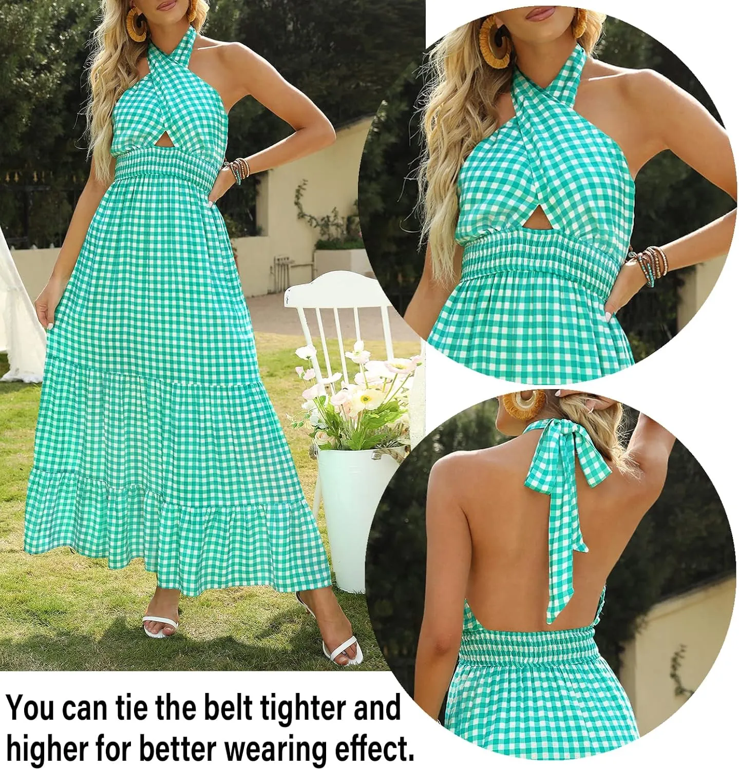 ZESICA Women's 2025 Summer Crossover Halter Neck Sleeveless Plaid Cut Out Backless Flowy A Line Maxi Dress