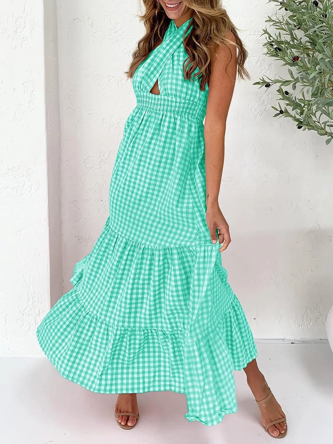 ZESICA Women's 2025 Summer Crossover Halter Neck Sleeveless Plaid Cut Out Backless Flowy A Line Maxi Dress