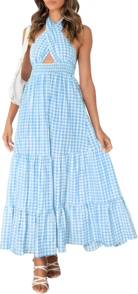 ZESICA Women's 2025 Summer Crossover Halter Neck Sleeveless Plaid Cut Out Backless Flowy A Line Maxi Dress