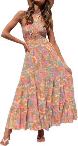 ZESICA Women's 2025 Summer Crossover Halter Neck Sleeveless Plaid Cut Out Backless Flowy A Line Maxi Dress