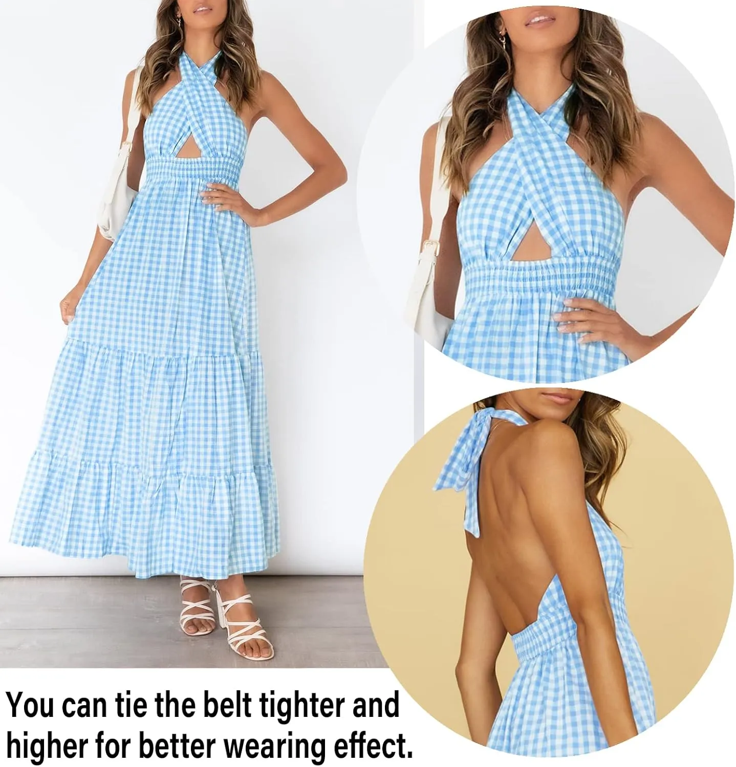 ZESICA Women's 2025 Summer Crossover Halter Neck Sleeveless Plaid Cut Out Backless Flowy A Line Maxi Dress