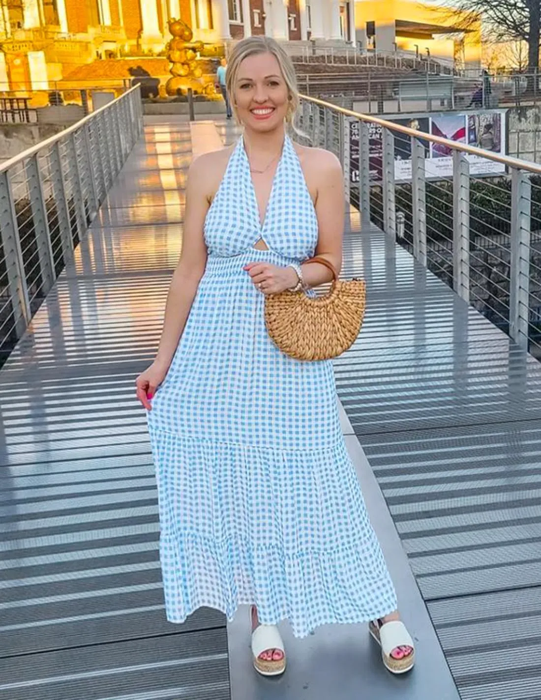 ZESICA Women's 2025 Summer Crossover Halter Neck Sleeveless Plaid Cut Out Backless Flowy A Line Maxi Dress