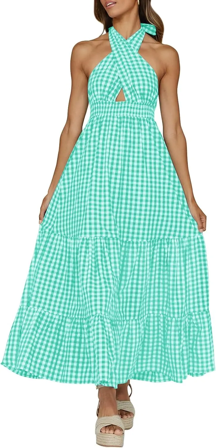 ZESICA Women's 2025 Summer Crossover Halter Neck Sleeveless Plaid Cut Out Backless Flowy A Line Maxi Dress
