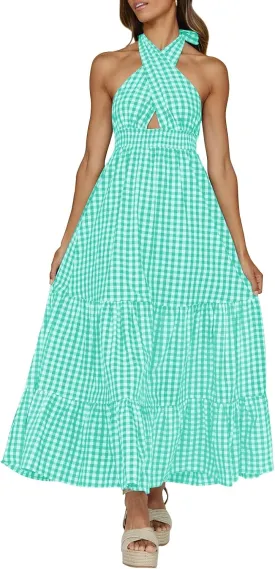 ZESICA Women's 2025 Summer Crossover Halter Neck Sleeveless Plaid Cut Out Backless Flowy A Line Maxi Dress